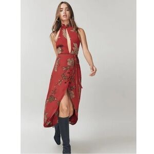 Reformation Chai Wrap Dress Red and Brown Floral Midi Length